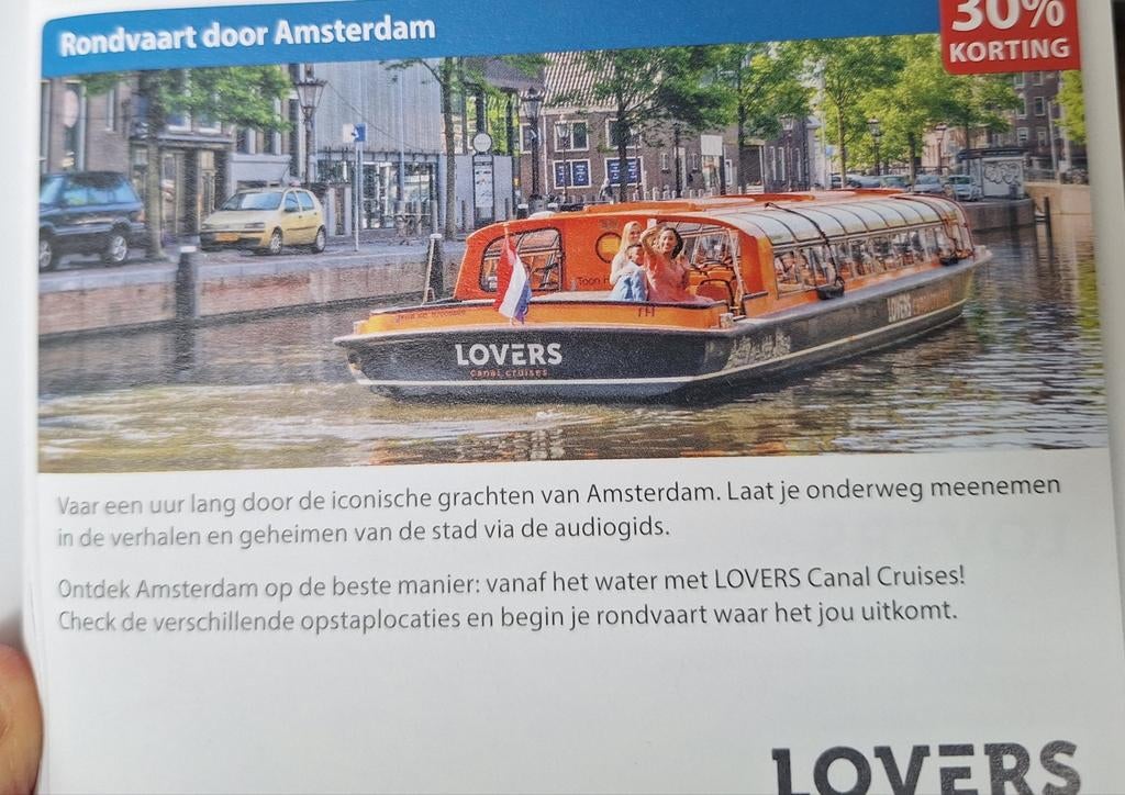 Rondvaart Amsterdam rederij Lovers 30% korting, Tickets en Kaartjes, Drie personen of meer, Kortingsbon