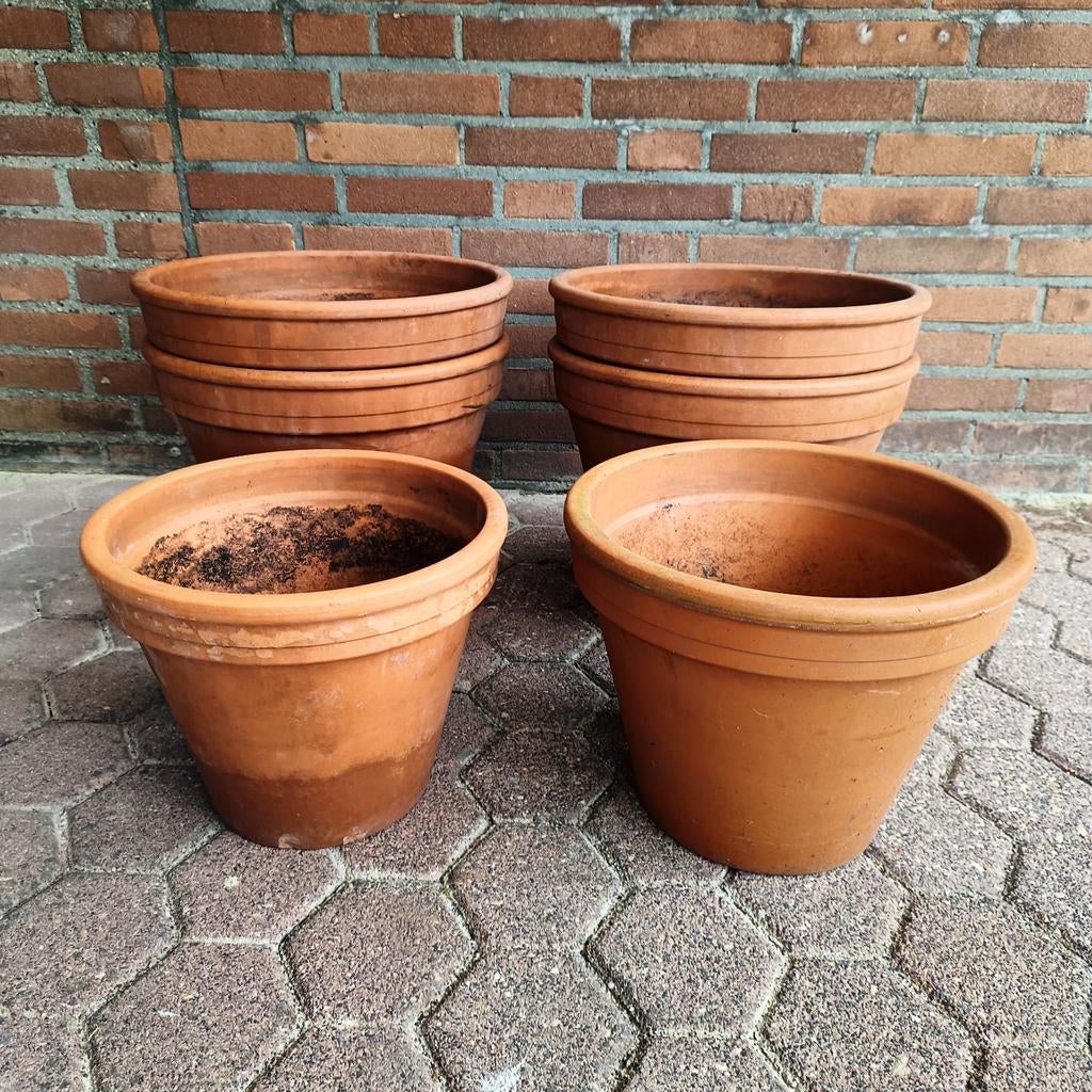 6 grote Italy terracotta bloempotten Nu slechts €120,-!, Tuin en Terras, Ophalen, Rond, Minder dan 25 cm, Minder dan 40 cm