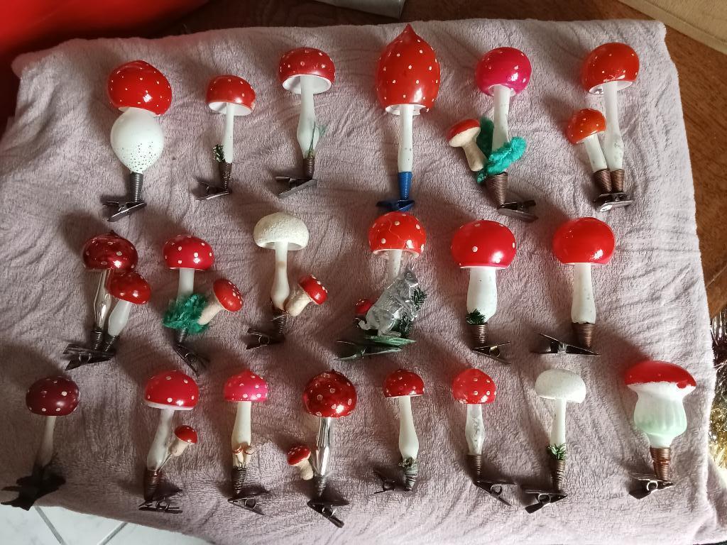 antieke glazen kerstbal model paddestoelen op clip, Ophalen of Verzenden, Gebruikt