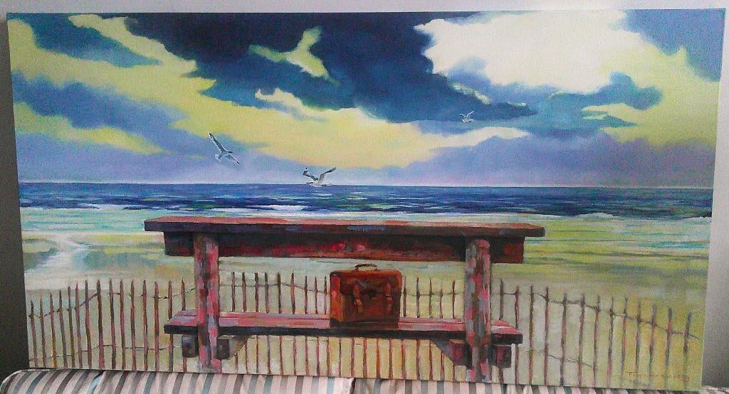Zeegezicht met bank en schilderstas - Frans van den Berg, Antiek en Kunst, Kunst | Schilderijen | Klassiek, Ophalen