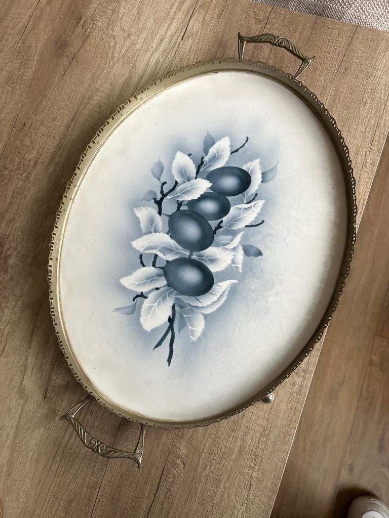 Antiek Jugendstil Dienblad met Porselein en Messing/Nikkel, Antiek en Kunst, Ophalen of Verzenden