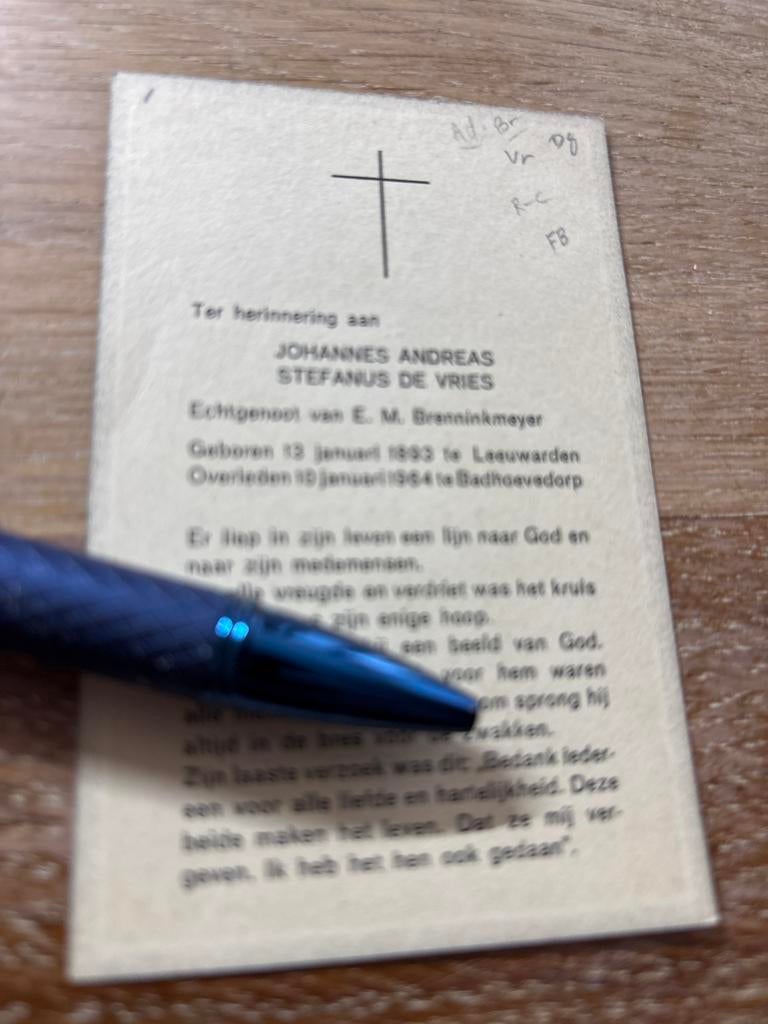 Vries de Joh. Leeuwarden 1964 Badhoevedorp x Brenninkmeijer, Ophalen of Verzenden, Bidprentje