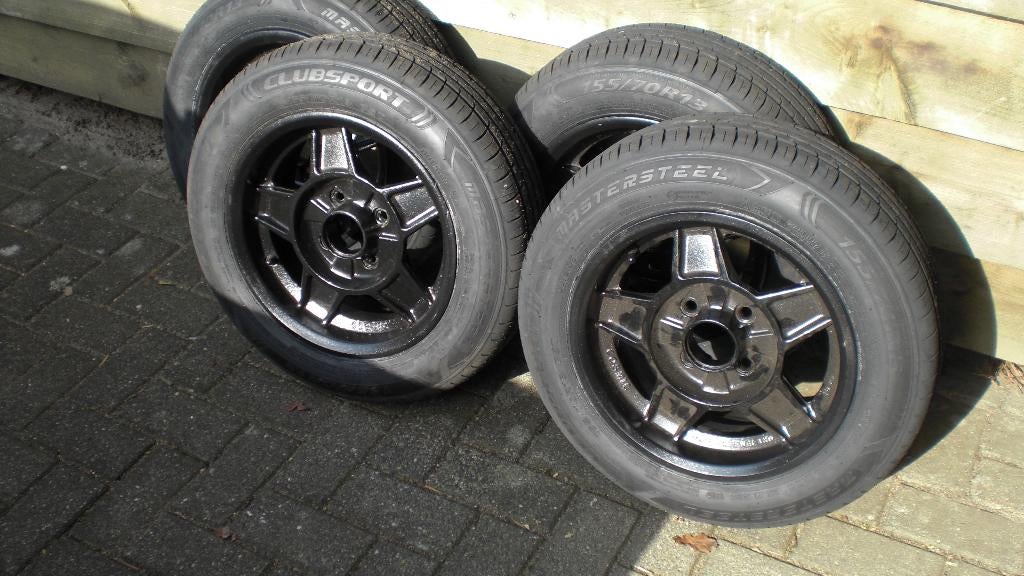 Alu velgen 4x98 met  (nieuwe) banden   155/70   R13, Ophalen, 155 mm, 13 inch, Banden en Velgen