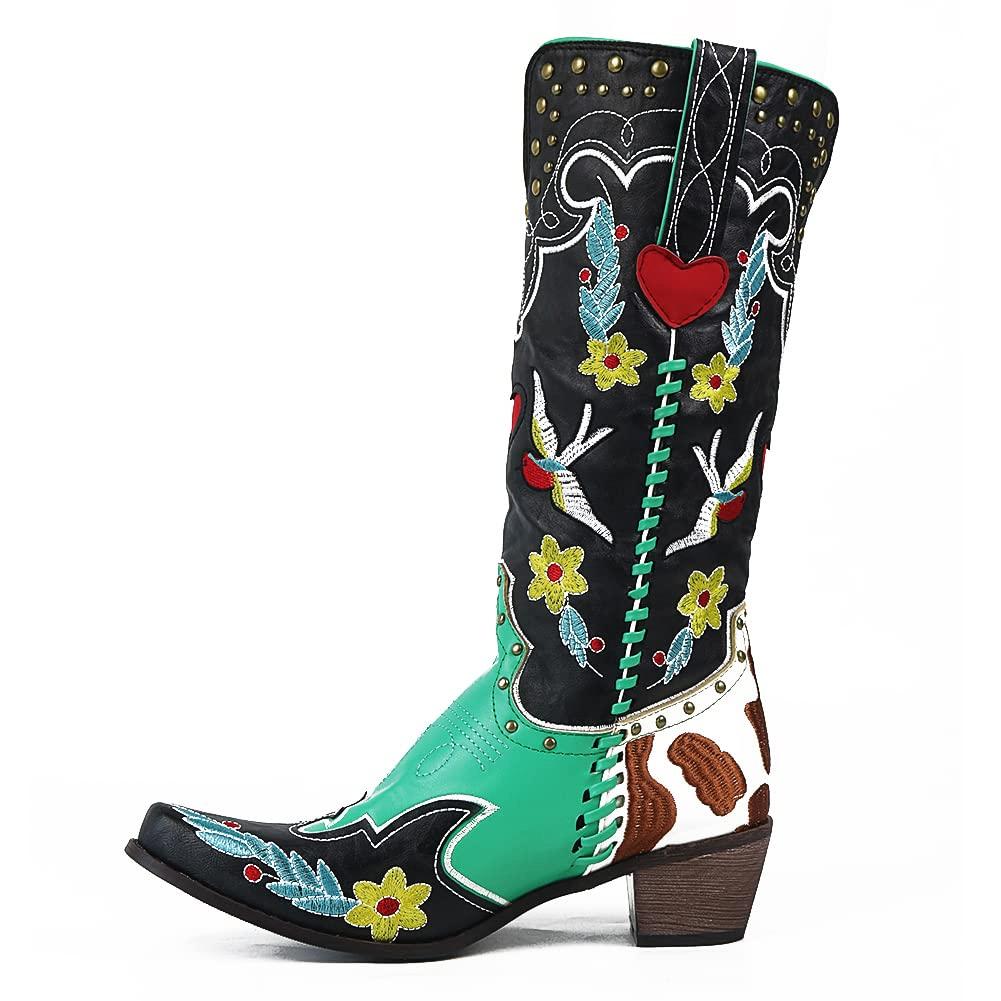 Zwarte groene dames cowgirl laarzen / western cowboy boots, Kleding | Dames, Schoenen, Verzenden, Nieuw, Overige kleuren, Hoge laarzen