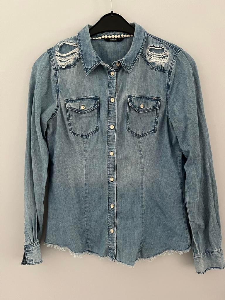 ONLY spijkerblouse met gaten en franjes, Ophalen of Verzenden, Gedragen, Maat 38/40 (M), Blauw