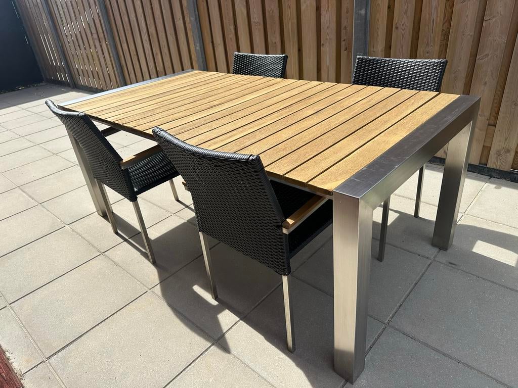 Tuinset aluminium-teakhout met 4 stoelen L:2m H:76cm B:1m, Ophalen, Gebruikt, Rechthoekig, Aluminium