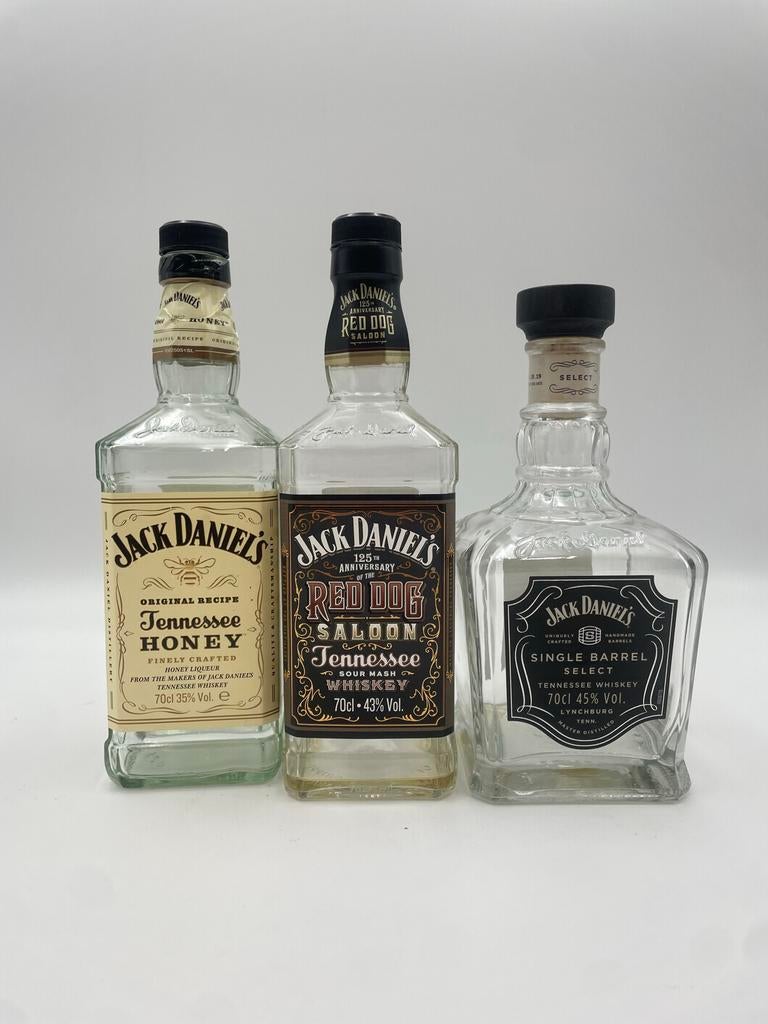 Drie lege Jack Daniel's flessen, Verzamelen, Glas en Borrelglaasjes, Ophalen of Verzenden, Gebruikt, Overige typen