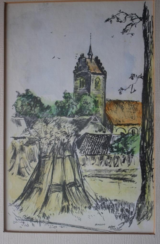 Hein Kray, kleurets van de kerk te Anloo in Drenthe., Verzenden, Ets, 1950 - 1999