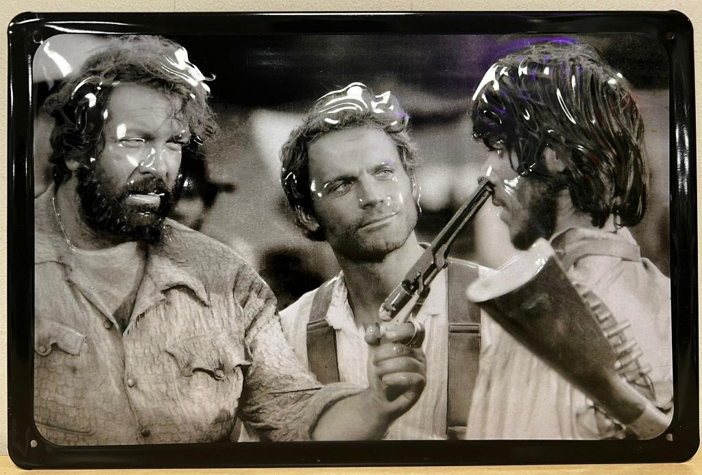 Bud Spencer Terrence Hill Pistool relief metalen reclamebord, Info@deconoord.nl, Deco Noord, Nieuw, Ophalen of Verzenden