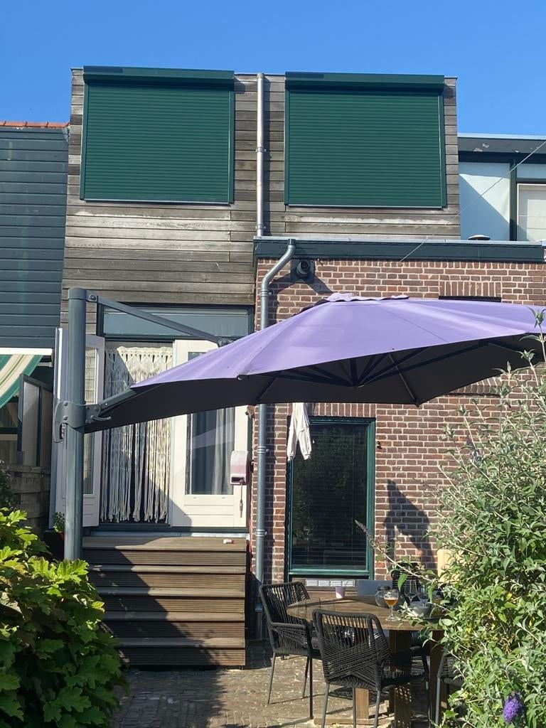 Parasol 3x4 gebruikt incl parasolvoet, Tuin en Terras, Ophalen, Gebruikt, Kantelbaar, Zweefparasol