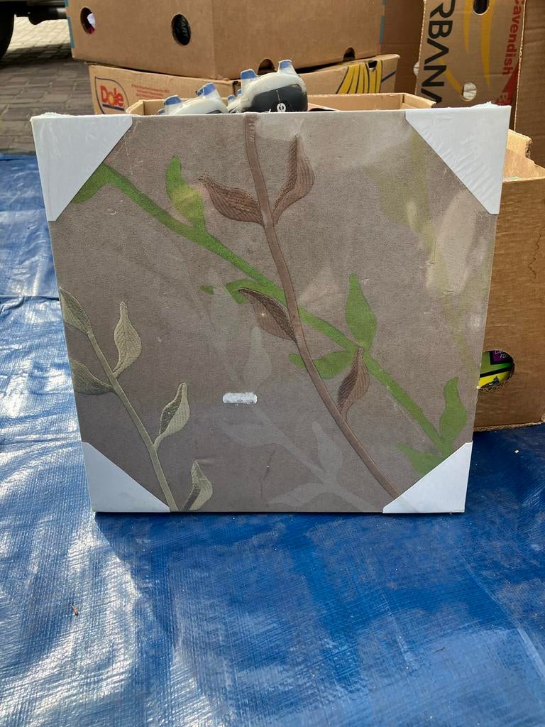 Decoratief schilderij met bladeren, groen en bruin, Ophalen of Verzenden, Gebruikt, Schilderij, Minder dan 50 cm