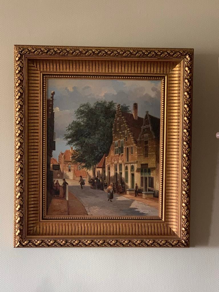 Oud Hollands Straatgezicht Schilderij in Gouden Lijst, Antiek en Kunst, Kunst | Schilderijen | Klassiek, Ophalen