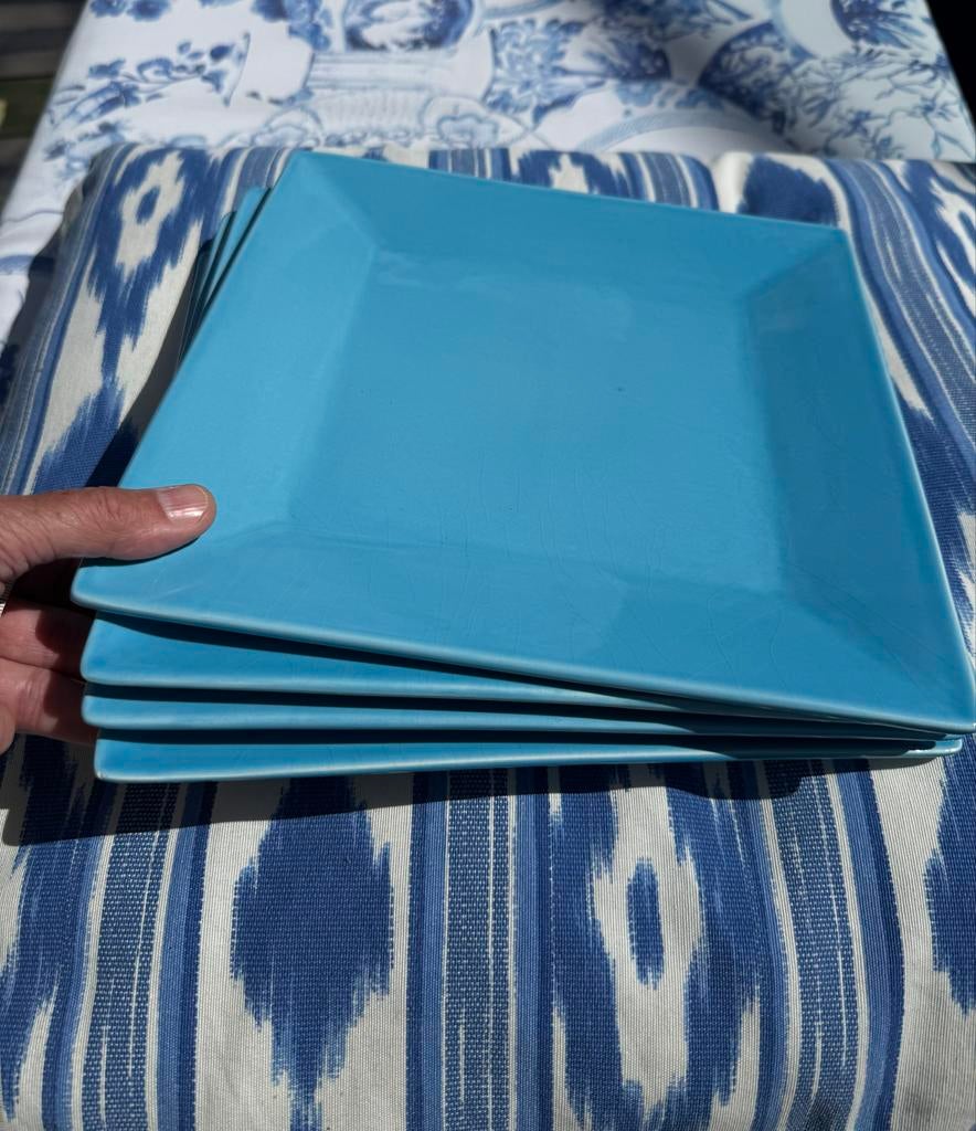 4 vierkante turquoise borden/schalen - Zomers servies, Gebruikt, Keramiek, Ophalen of Verzenden, Bord(en)