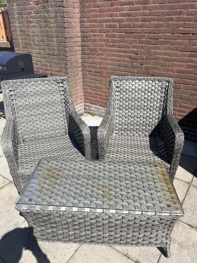 Lounge stoelen met glazen bijzettafel, 2 zitplaatsen, Gebruikt, Ophalen of Verzenden, Loungeset
