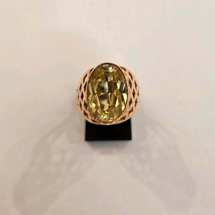 14 karaats Roségouden ring bezet met geel groene Citrien, Sieraden, Tassen en Uiterlijk, Ringen, Zo goed als nieuw, Dame, 17 tot 18