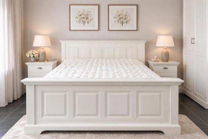 Off white houten bed met nachtkastjes en matrassen, Huis en Inrichting, Slaapkamer | Bedden, Zo goed als nieuw, Tweepersoons, 140 cm