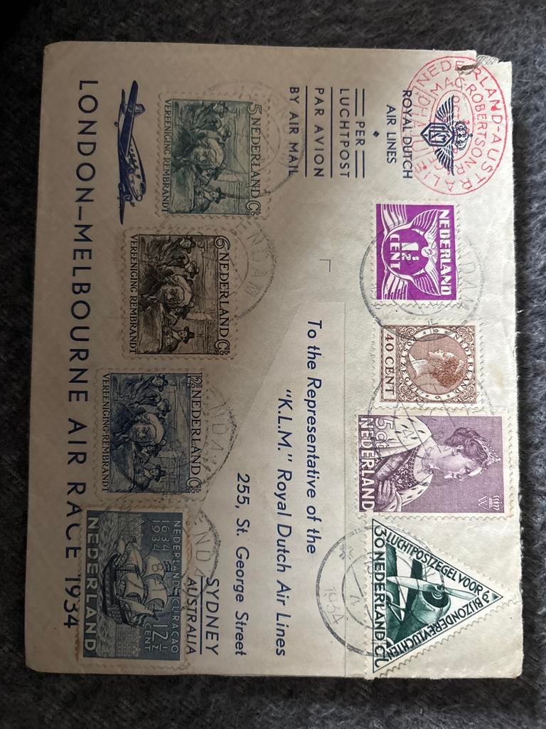 Historische KLM Luchtpost Envelop - London-Melbourne Race 19, Postzegels en Munten, Brieven en Enveloppen | Nederland, Ophalen