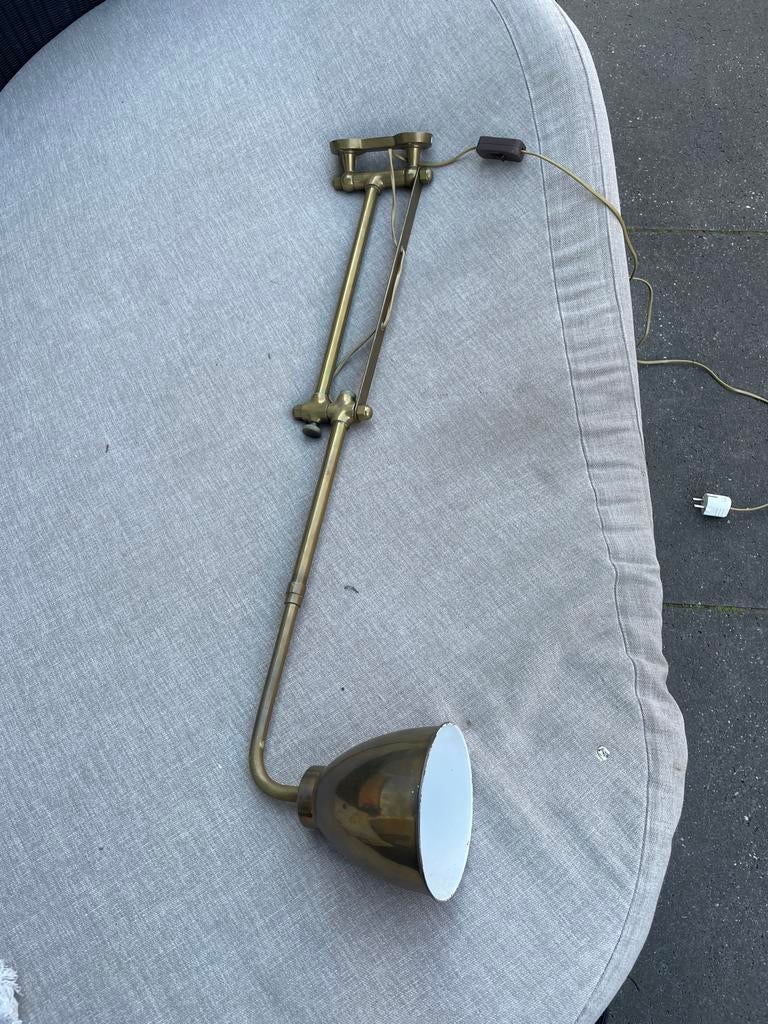 Vintage messing wandlamp met schaararm, zware kwaliteit E27, Ophalen of Verzenden