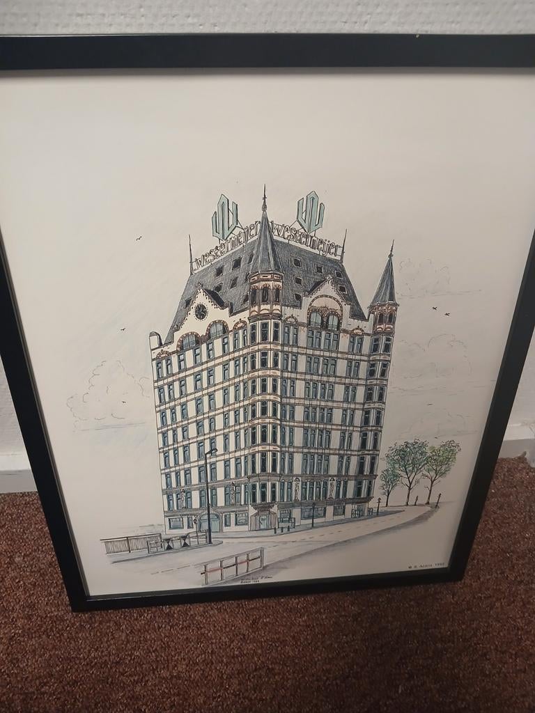 Ingelijste tekening Het Witte Huis Rotterdam 1993, Antiek en Kunst, Ophalen of Verzenden