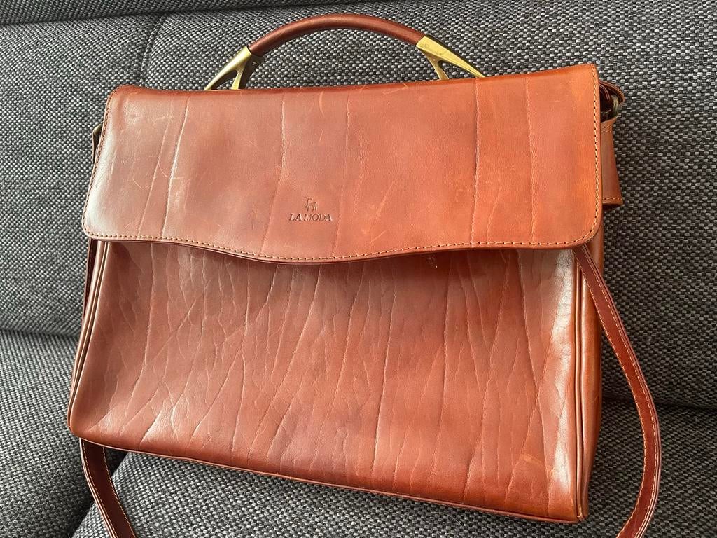La Moda Vintage Echt Leather Tas, Sieraden, Tassen en Uiterlijk, Tassen | Damestassen, Ophalen of Verzenden, Gebruikt, Bruin, Schoudertasje