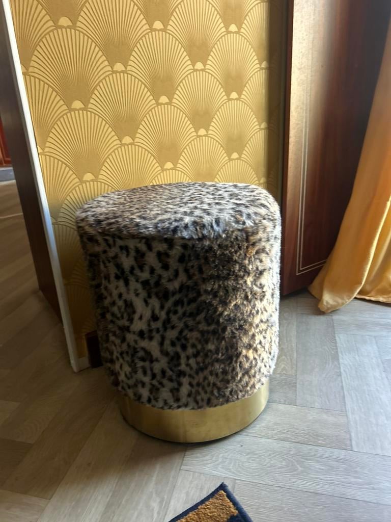 Harige Poef met Luipaardprint en Gouden Rand, Ophalen, Minder dan 50 cm, Gebruikt, Rond