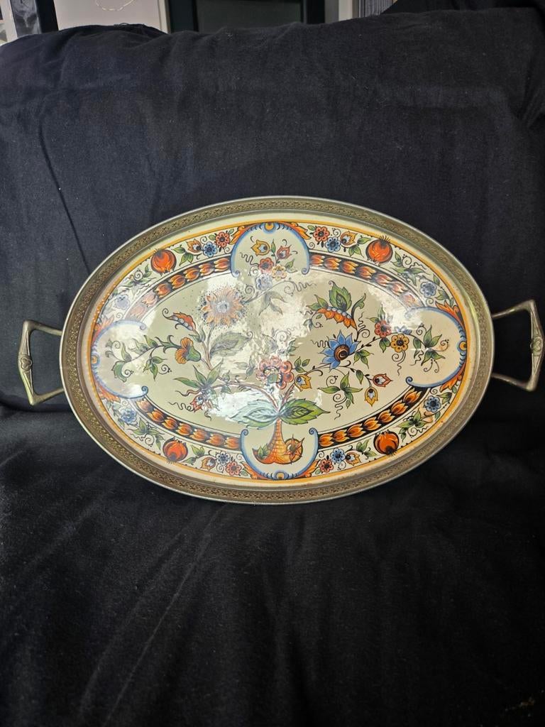 Groot dienblad met Delfts blauw en tinnen rand, Ophalen of Verzenden, Hout