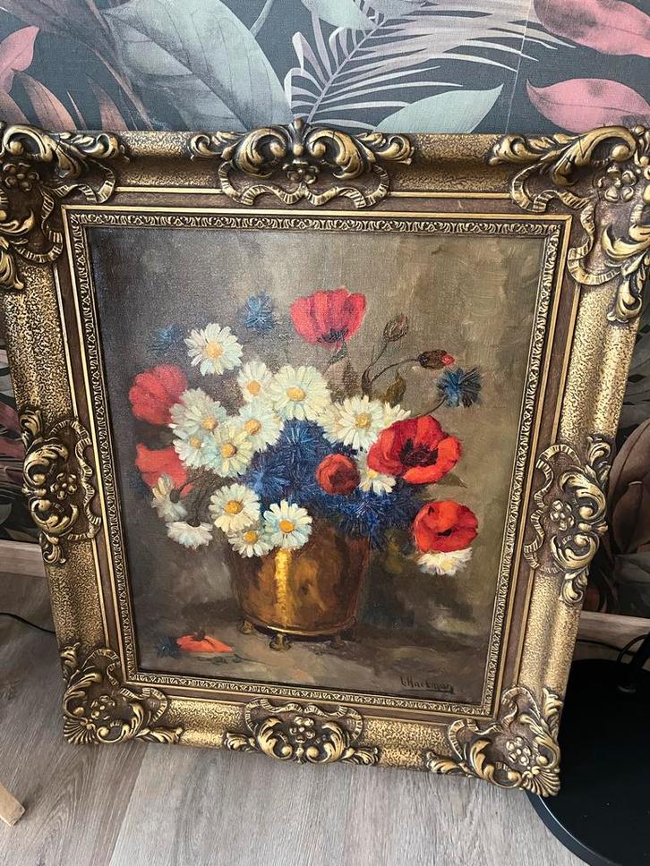 Oud schilderij L. Hartman - Bloemen in vaas met sierlijst, Antiek en Kunst, Kunst | Schilderijen | Klassiek, Ophalen