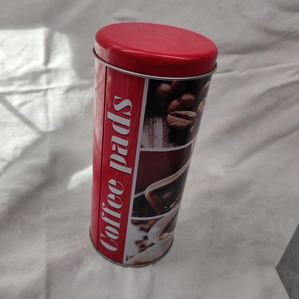 Metalen Koffiepads Bewaarblik - Rood met Koffiebonen, Koffiepads en cups, Gebruikt, Overige modellen, 10 kopjes of meer
