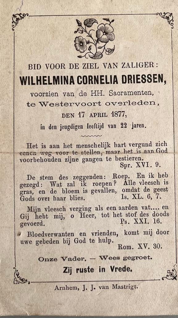 Wilhelmina Cornelia Driessen Overleden oud 22 jaar, Verzamelen, Bidprentjes en Rouwkaarten, Ophalen of Verzenden