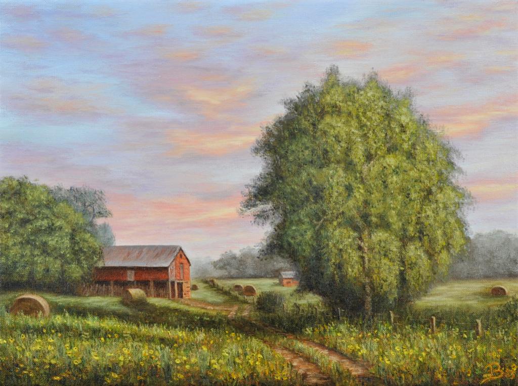 Schilderij van de ondergaande zon met een fraai landschap, Antiek en Kunst, Ophalen of Verzenden