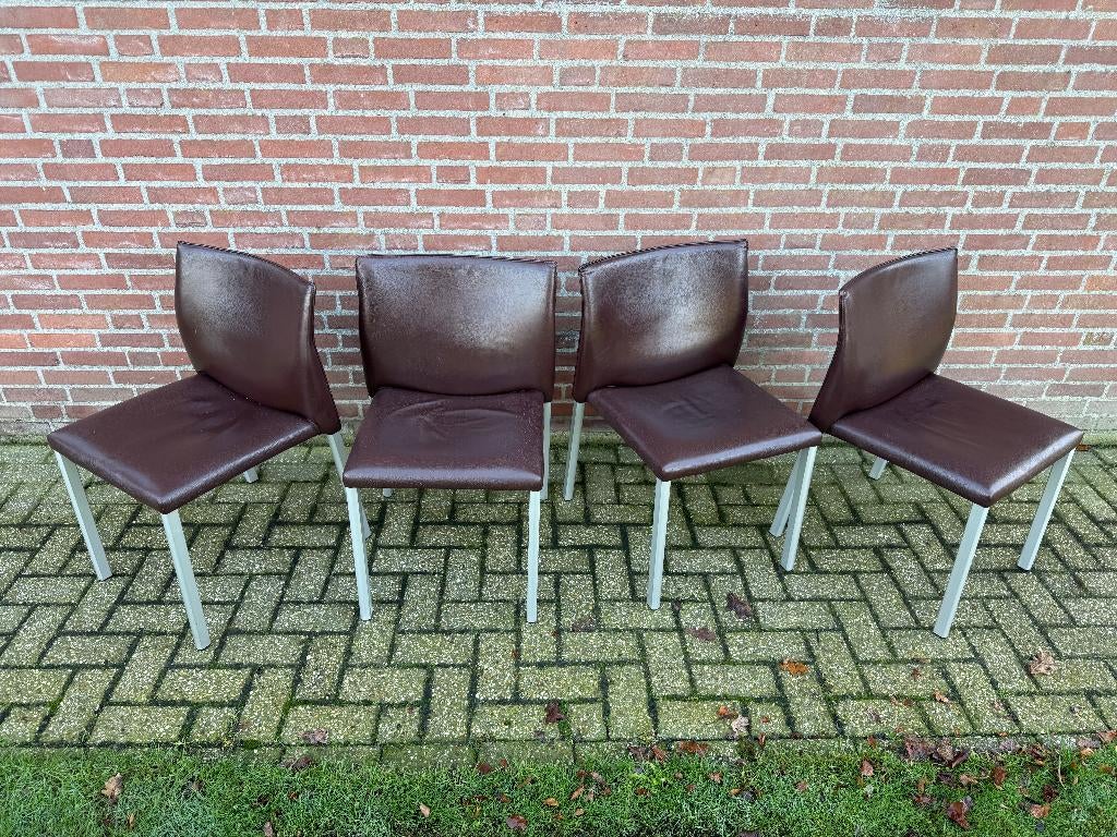 4x Leolux Myto eetkamerstoelen bruin leer, Ophalen, Gebruikt, Bruin, Leer