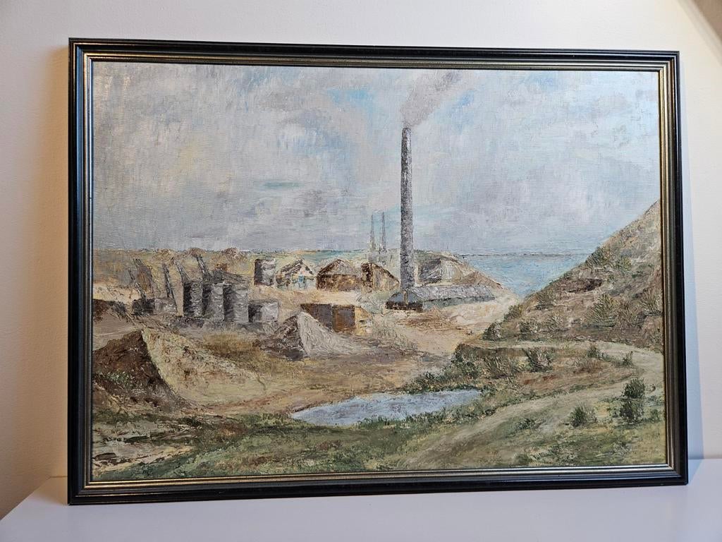 Schilderij van fabriek aan water - 63x45,5 cm, Ophalen of Verzenden