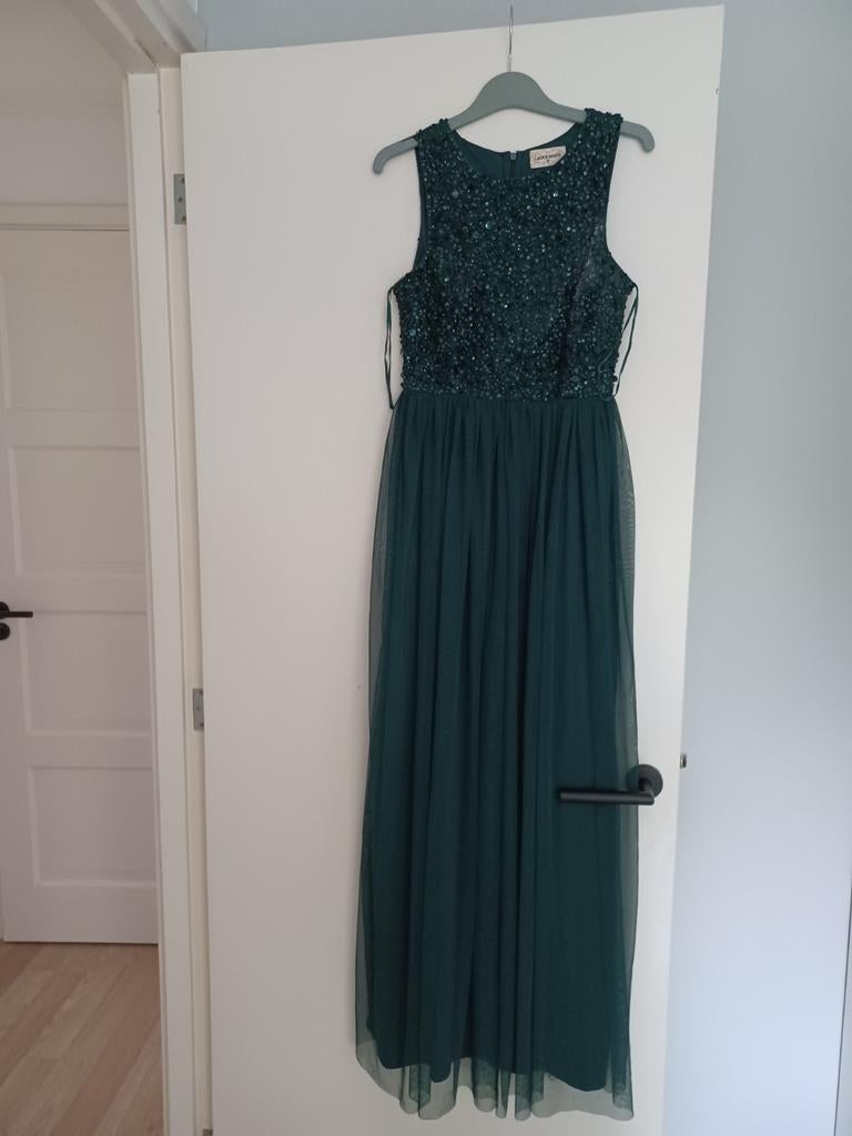 Prachtige groene galajurk /feestjurk Lace en Beads. Maat S., Ophalen, Zo goed als nieuw, Groen, Galajurk
