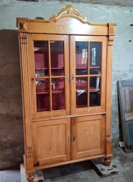 oude vintage brocante houten vitrinekast vitrine kast, Gebruikt, T, N, 150 tot 200 cm