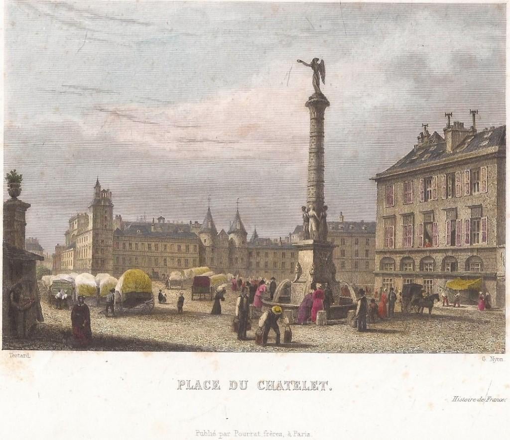 Place du Chatelet Ingekleurde staalgravure door G. Nyon 1853, Antiek en Kunst, Kunst | Etsen en Gravures, Gravure, Blanco verso
