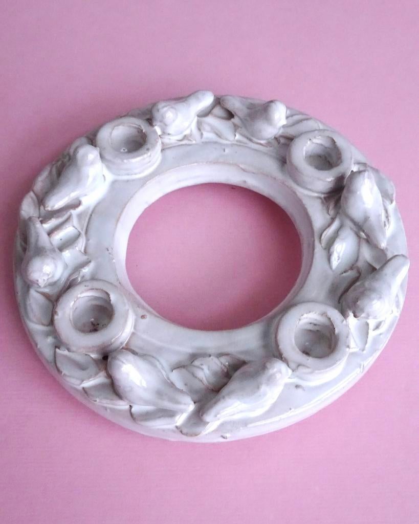 Vintage 60s 70s keramiek vogel vogels kandelaar wit roze, Huis en Inrichting, Ophalen, Overige materialen, Overige kleuren, Zo goed als nieuw