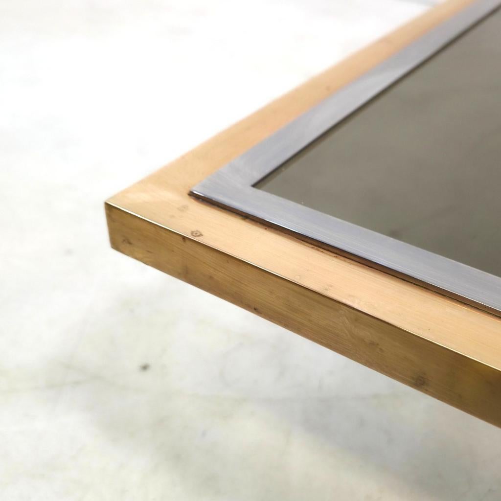 Design salontafel Georges Mathias travertin messing glas 70s, Ophalen, 100 tot 150 cm, 50 tot 100 cm, Glas