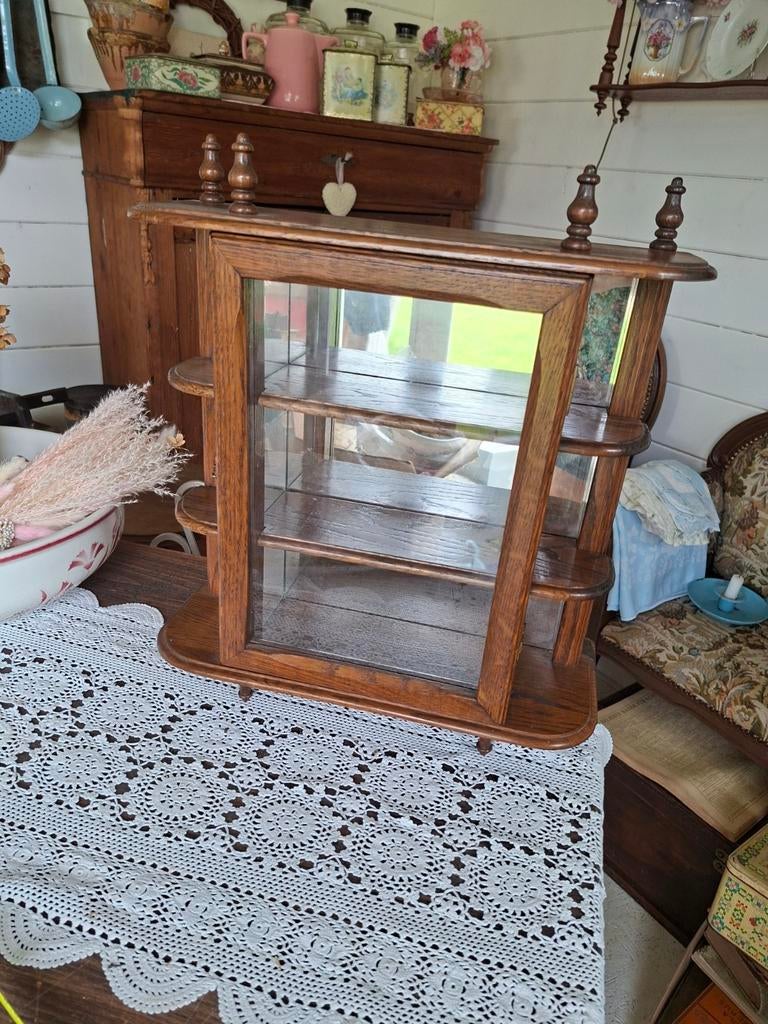 Antiek brocante houten vitrinekastje met spiegels, Huis en Inrichting, Ophalen, 25 tot 50 cm, 50 tot 100 cm, Minder dan 100 cm