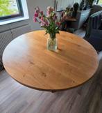 Stoere ronde eettafel, mangohout in kleur eiken, Ophalen, Rond, Zo goed als nieuw, 100 tot 150 cm