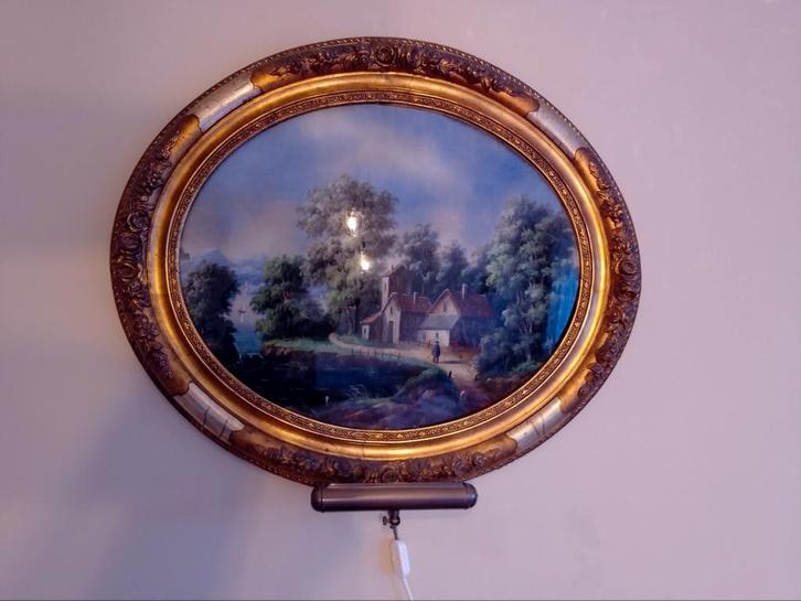 Ovaal Schilderij met Landschap en Huisjes, Antiek en Kunst, Kunst | Schilderijen | Klassiek, Ophalen of Verzenden