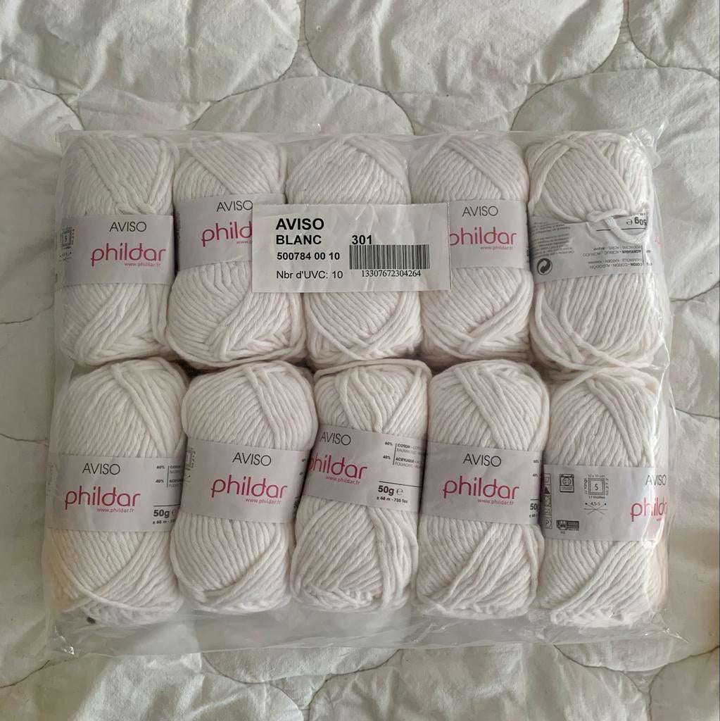 Phildar AVISO BLANC Wol/Garen - 10 bollen, Ophalen of Verzenden, Nieuw, Breien of Haken, Wol of Garen