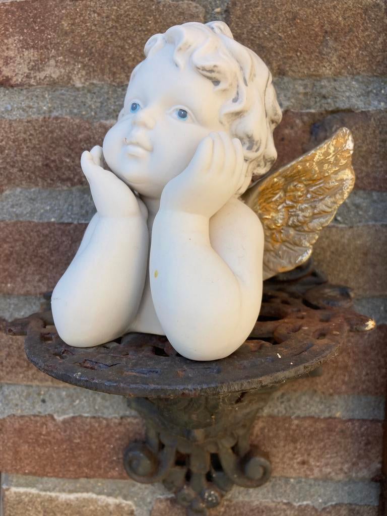 Moederdag, brocante gietijzer sokkel met engeltje als drager, Ophalen