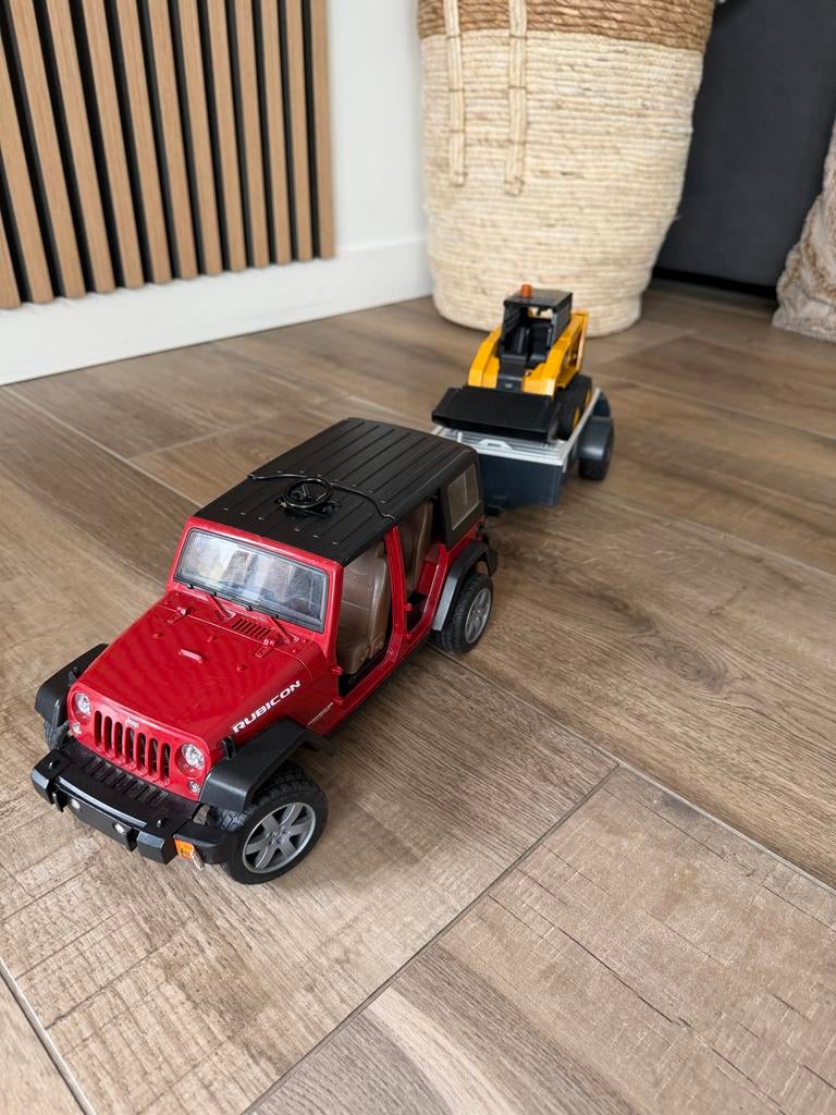 Jeep Rubicon met aanhanger en CAT shovel speelgoedset, Ophalen of Verzenden, Gebruikt