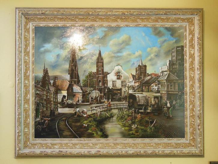 topwerk Frits v.d. Kerkhof, collage gebouwen oud Eindhoven, Antiek en Kunst, Kunst | Schilderijen | Klassiek, Ophalen