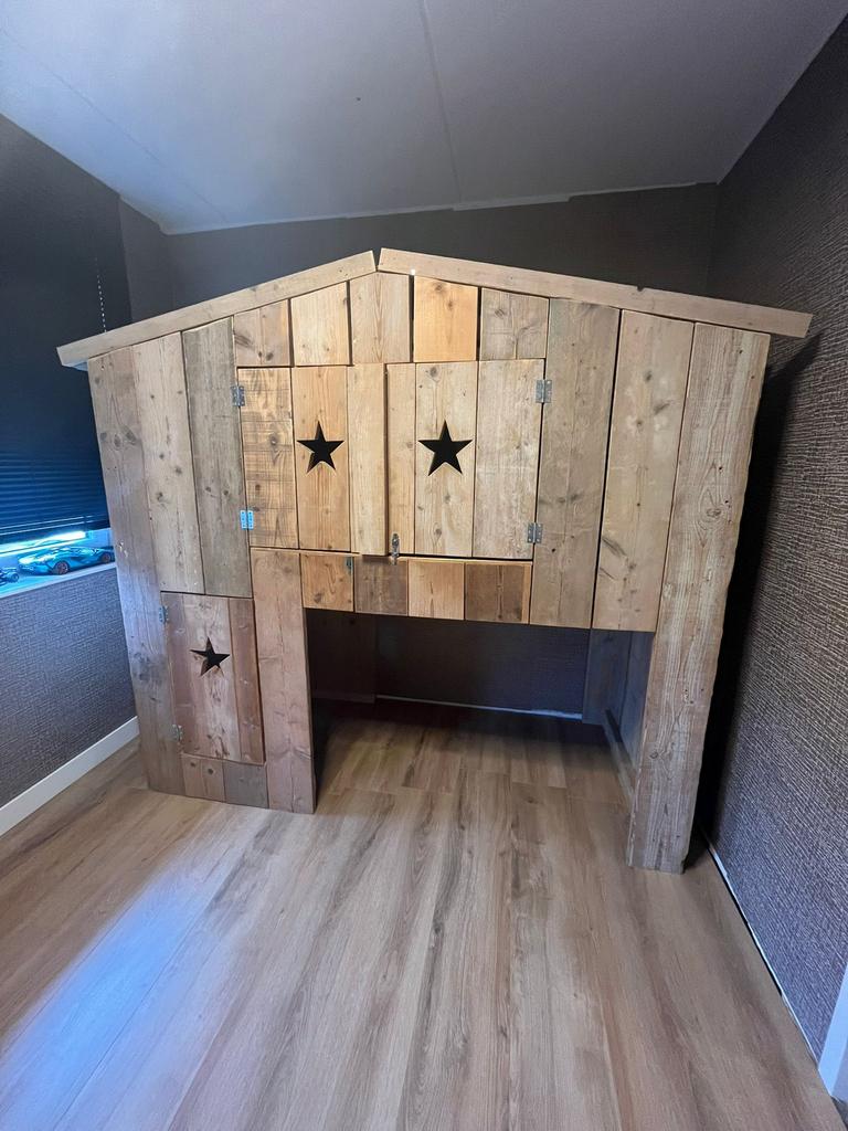 Boomhut bed van steigerhout, Ophalen, 85 tot 100 cm, Gebruikt, Hoogslaper of Stapelbed