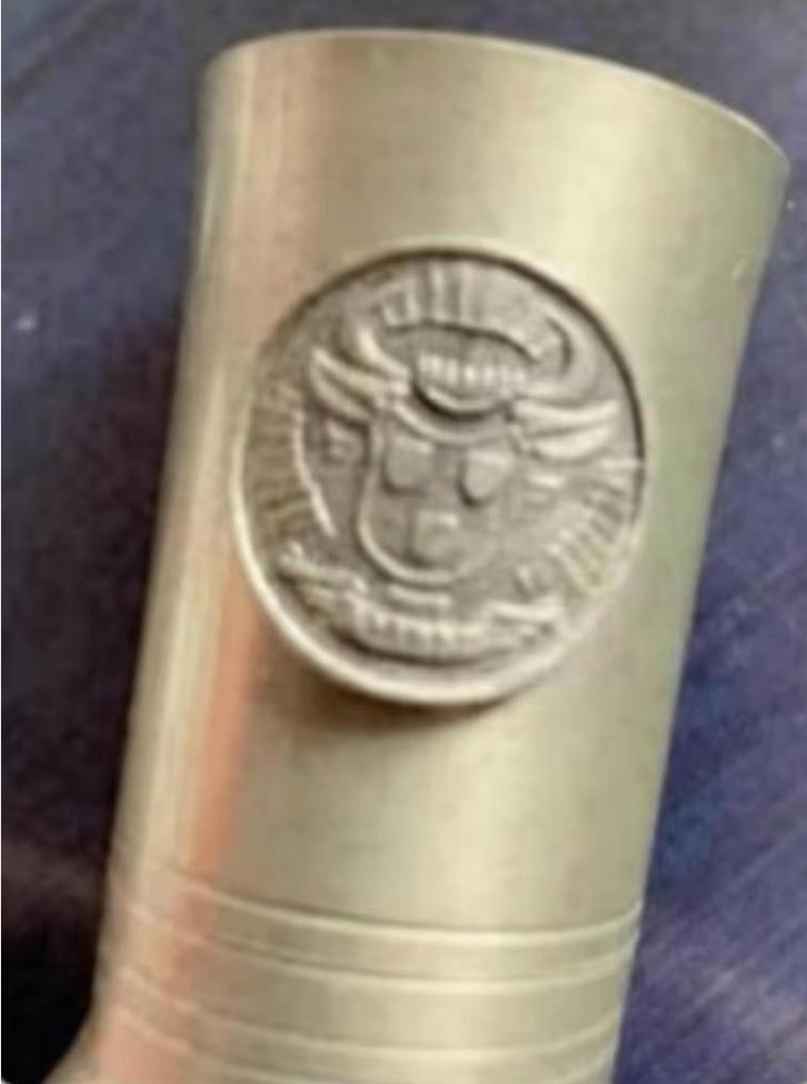 Antiek tinnen bekertje, beker, pot, kannetje met schildje, Antiek en Kunst, Antiek | Tin, Ophalen of Verzenden