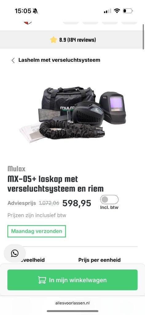 MX-05 + laskap met verseluchtsysteem en riem, Doe-het-zelf en Verbouw, Laskappen, Zo goed als nieuw, Lasfilter, Ophalen of Verzenden