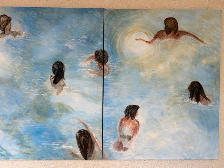 2-luik Canvas Schilderij - Zwemmende Dames, Antiek en Kunst, Kunst | Schilderijen | Modern, Ophalen