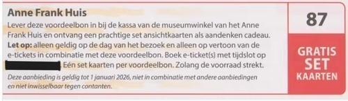 Anne Frank Huis (Gratis Set Kaarten), Tickets en Kaartjes, Musea, Eén persoon, Kortingskaart