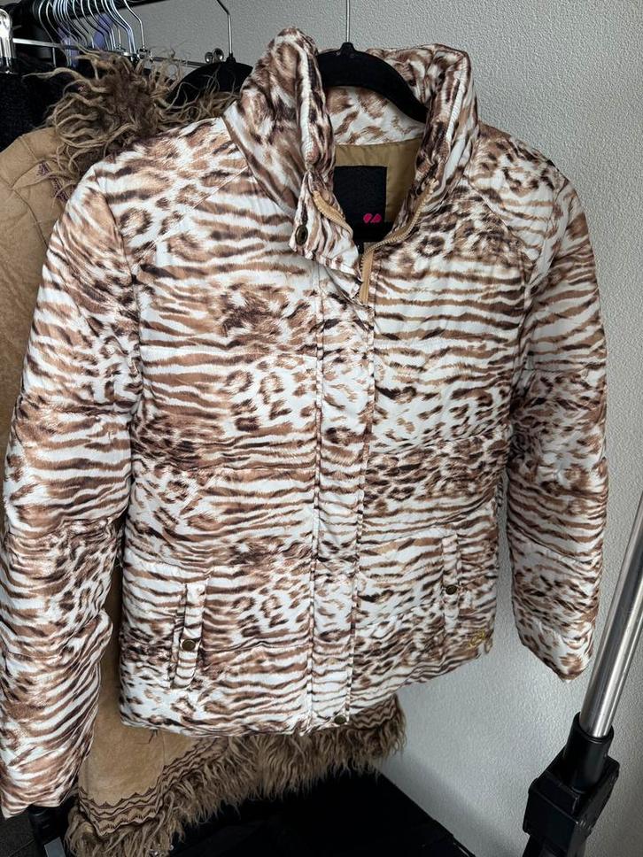 Vintage Y2K gewatteerde puffer jack met dierenprint, Kleding | Dames, Jassen | Winter, Zo goed als nieuw, Maat 38/40 (M), Beige